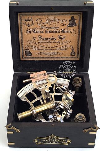 آلة السدس النحاسية للملاحة مع بوصلة مدمجة، آلة السدس النحاسية البحرية العتيقة J. Scott آلة السدس العتيقة مع صندوق خشبي لتأكيد المعمودية، أفضل هدية بحرية لعيد الفصح in Kuwait