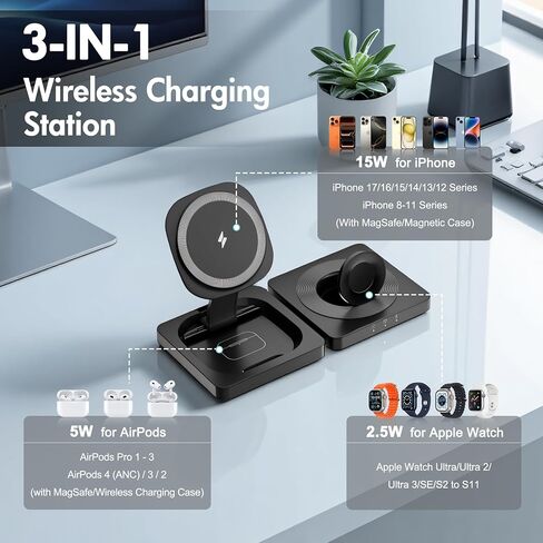 Mag-Safe for iPhone Charger Stand: 3 في 1 محطة شحن السفر اللاسلكية قابلة للطي لـ iPhone 16e 16e 16 15 14 13 12 Pro Max ، لشاحن Apple Watch Ultra 10 9 8 7 6 SE ، لـ AirPods 4 3 Pro 2 in Kuwait