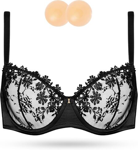 Wingslove Women's Sexy Lace Bra Demi Sheer Mesh Balconette See Through Bralette Unlined Underwire Embroidered in Kuwait