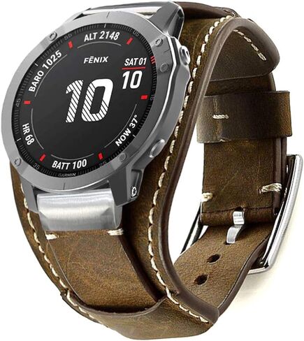 Leather Bands Compatible with Garmin Fenix 6X/6X Pro/5X/5X Plus/3/3 HR/Sapphire/D2/Foretrek 601/701/Quatix 3/Tactix Bravo/Descent Mk1 Smartwatch, 26mm Quick Fit Genuine Leather Cuff Band Strap in Saudi Arabia