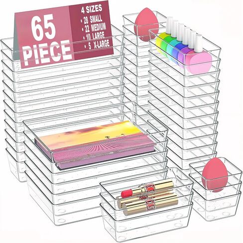 Drawer Organizers Set of 15, 4 Sizes Clear Plastic Drawer Organizers and Storage Bins for Kitchen, Bathroom, Office, Dresser Desk Drawer Organizer Tray for Jewelry, Makeup, Junk, Gadgets in Kuwait