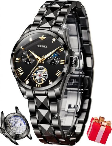 OUPINKE Women Automatic Watches Luxury Diamond Flywheel Two-Tone Stainless Tungsten Steel Band Moon Phase 24 Hours in Kuwait