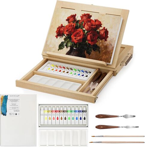 LUCYCAZ Art Easel for Painting, Tabletop Painting Easel for Kids, Beechwood Portable Easel Stand for Artists, Adjustable Angle Drawing and Sketching Board in Kuwait