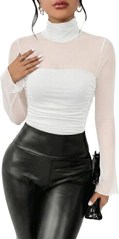 بدلة نسائية مثيرة للملابس: بدلة للجسم بأكمام طويلة وياقة سلحفاة وهمية - ملابس داخلية شفافة مكشكشة للخروج in Kuwait