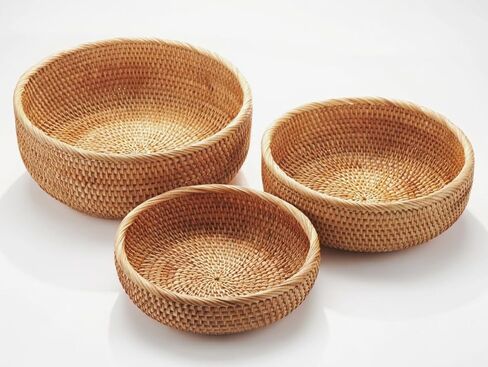 YANGQIHOME Rattan Bread Basket, Round Fruit Baskets, Wicker Storage Bowls, Natural Woven Serving Basket Bowls, Decorative Baskets for Kitchen Counter Organizing, set of 3 in Kuwait