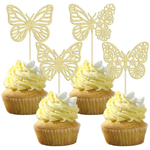 Gyufise 24pcs Butterfly Cupcake Toppers - Glitter Hollow 3D Butterfly Cupcake Picks Decorations for Wedding, Anniversary, Baby Shower & Kids Birthday Parties - Gold in Kuwait