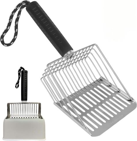 Cat Litter Scoop, Solid and Durable Kitty Metal Scooper, Stainless Steel Sifter, Heavy Duty, for Litter Box, Black Rubber Handle, Included Stainless Steel Hook in Kuwait