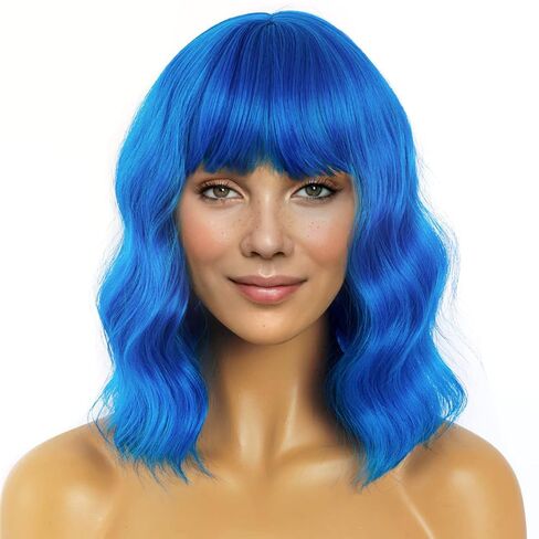 LANICE Blue Wig Short Bob Wigs with Bangs for Women Loose Wavy Hair Shoulder Length Blue Wig Synthetic Colorful Wigs for Cosplay Daily PartyUse(Blue,12inch) in Kuwait