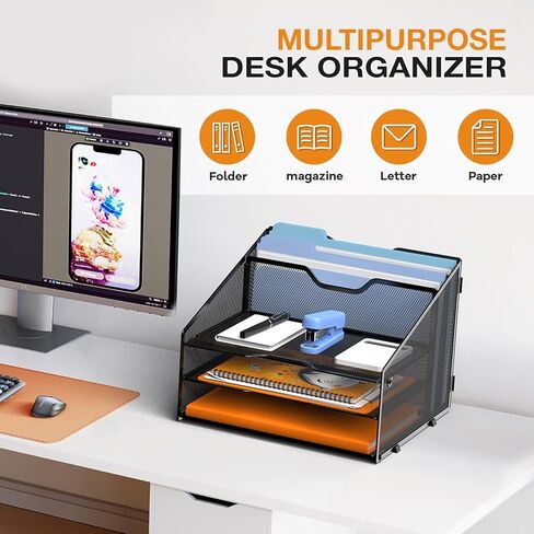 منظم ملفات المكتب، منظم مكتبي لدرج الرسائل الشبكي مع قسم عمودي عمودي و3 صواني ورقية، فارغ in Kuwait