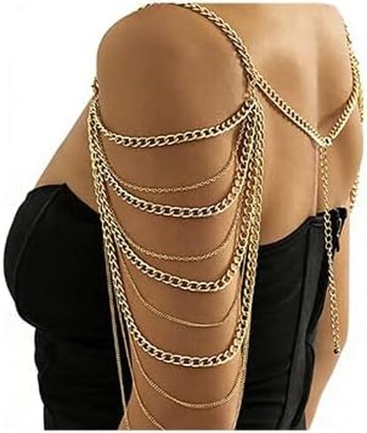 Missgrace Bride Women Shiny Statement Tassel Body Chain Jewelry Shawl Silver Gold Dainty Body Jewelry Layered Shoulder Chain Wedding Party Nightclub Body Accessories Jewelry for Women Bride in Kuwait