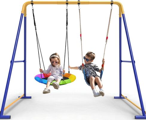Swing Sets for Backyard, Toddler Swing Set with 2 Seat 1 Saucer & 1 Belt Seat, 440lbs Heavy-Duty Swing Frame w/8 Ground Stakes, A Frame Outdoor Swingset for Kids and Adults for Backyard in Saudi Arabia