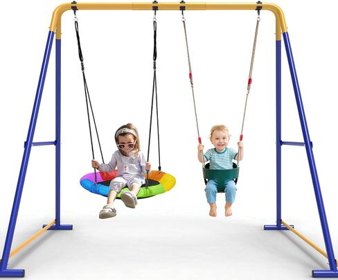 Swing Sets for Backyard, Toddler Swing Set with 2 Seat 1 Saucer & 1 Belt Seat, 440lbs Heavy-Duty Swing Frame w/8 Ground Stakes, A Frame Outdoor Swingset for Kids and Adults for Backyard in Saudi Arabia