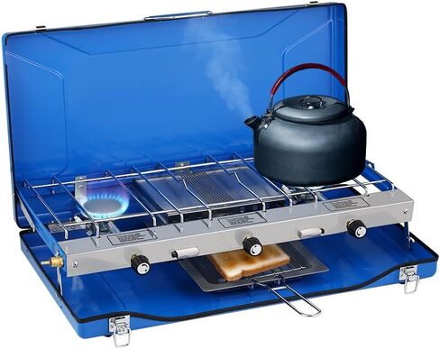 Camplux Propane Camping Stove 2 Burners & 1 Grill, Portable Outdoor Gas Stove, Auto-Ignition Camping Stove with Regulator, Total Power at 15,000 BTU in Kuwait