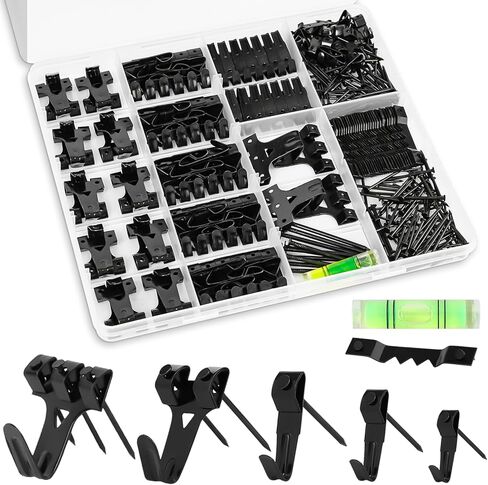 KURUI Picture Hangers, 385Pcs Picture Hanging Kit with Heavy Duty Picture Hanging Hooks, Sawtooth, Hardware Nails and Picture Hanging Tool, Wall Hangers for Frame, Painting, Art, Photo (Black) in Kuwait