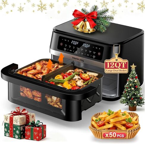 10QT Large Dual Basket Air Fryer with Viewing Window and 50pcs Paper Liners, 10-in-1 Digital Touchscreen Double Zone Air Fryers, SyncCook to Bake,Roast,Reheat,Broil, Nonstick Dishwasher Safe in Kuwait