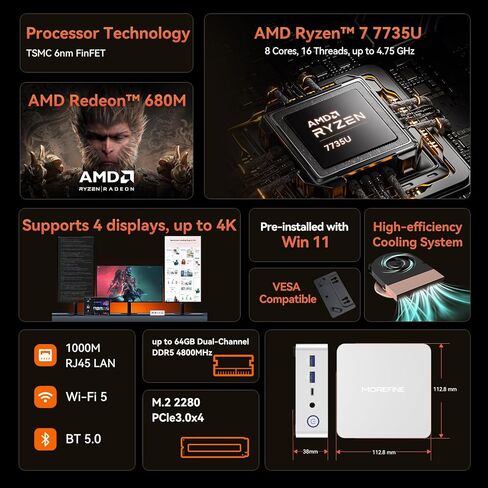 MOREFINE Mini PC N150, 13th Intel Twin Lake N150 (up to 3.6GHz), M9 Mini Desktop Computer 16GB DDR4 512GB M.2 NVMe SSD, Small PC Desktop Support 4k Dual Display WiFi6/BT5.2/USB3.2 for Home/Office in Kuwait