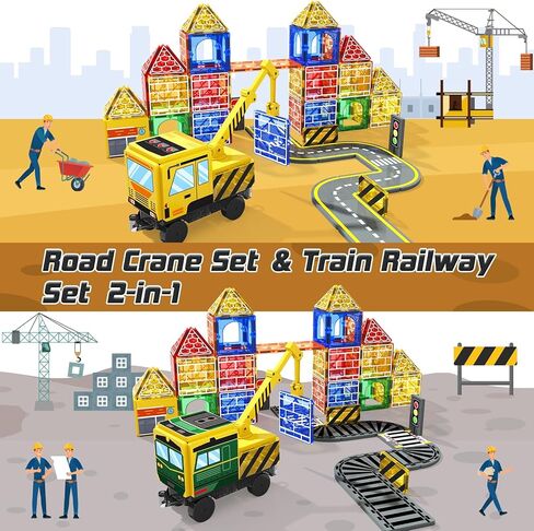 Magnetic Tiles Magnetic Construction Set with 2 Cranes Boys Toys for Ages 3-5 5-7 8-10 Building Toys Includes Crane, Road Tracks, Train, Train Tracks, Dolls, Car Toy, Traffic Lights and Stations in Kuwait