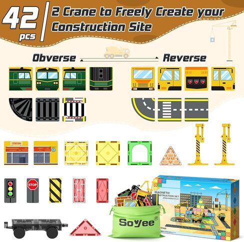 Magnetic Tiles Magnetic Construction Set with 2 Cranes Boys Toys for Ages 3-5 5-7 8-10 Building Toys Includes Crane, Road Tracks, Train, Train Tracks, Dolls, Car Toy, Traffic Lights and Stations in Kuwait