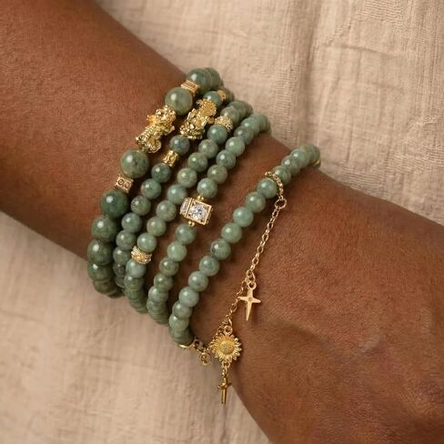سوار Jade Bangle للنساء - كارما جيدة وسوار الحظ مع حبة فاصل القمر المطلية بالذهب 18K - الوئام والازدهار - Jadeite Jood June Birthstonet (6 مم حبات اليشم الحقيقية) in Kuwait