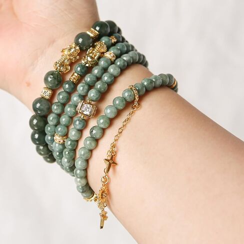 سوار Jade Bangle للنساء - كارما جيدة وسوار الحظ مع حبة فاصل القمر المطلية بالذهب 18K - الوئام والازدهار - Jadeite Jood June Birthstonet (6 مم حبات اليشم الحقيقية) in Kuwait