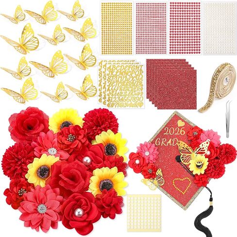 Wavwavw 43 PCS DIY Cap Cap Decorations Kit ، شملت زينة Cap Cap Flowers Faux Flows 3D Butterfly Self Rhinestive Stickers ملصقات حروف الأبجدية لديكور حفلة Grad (White) in Kuwait