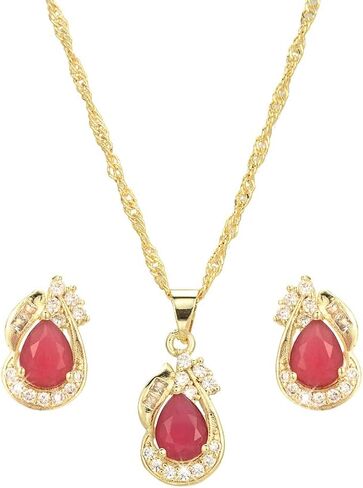 RIZILIA Pear Cut Red Ruby Yellow Gold Plated Jewelry Set, Pendant with 18" Chain Stud Earrings in Kuwait