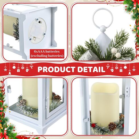 2 Pcs Christmas Metal Candle Lantern and LED Fake Candles 12'' and 15'' Decorative Lanterns with Xmas Ornament Porch Lanterns Outdoor Indoor Decoration Party Gift (Red) in Kuwait