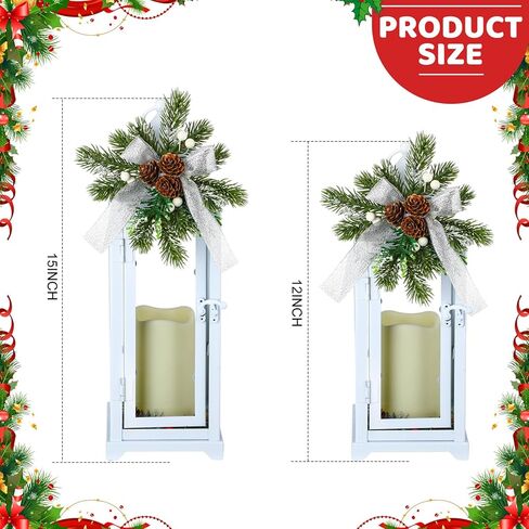 2 Pcs Christmas Metal Candle Lantern and LED Fake Candles 12'' and 15'' Decorative Lanterns with Xmas Ornament Porch Lanterns Outdoor Indoor Decoration Party Gift (Red) in Kuwait