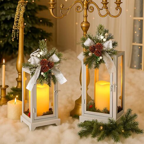 2 Pcs Christmas Metal Candle Lantern and LED Fake Candles 12'' and 15'' Decorative Lanterns with Xmas Ornament Porch Lanterns Outdoor Indoor Decoration Party Gift (Red) in Kuwait