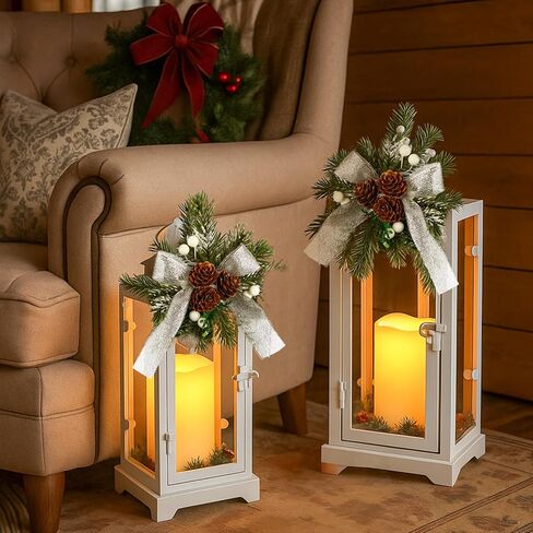 2 Pcs Christmas Metal Candle Lantern and LED Fake Candles 12'' and 15'' Decorative Lanterns with Xmas Ornament Porch Lanterns Outdoor Indoor Decoration Party Gift (Red) in Kuwait