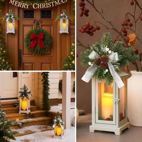 2 Pcs Christmas Metal Candle Lantern and LED Fake Candles 12'' and 15'' Decorative Lanterns with Xmas Ornament Porch Lanterns Outdoor Indoor Decoration Party Gift (Red) in Kuwait