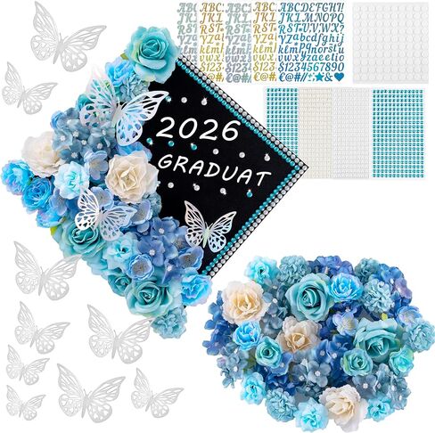 60 PCS Cap Cap Decorations 2025Graduation Cap Decorations Kit 3Dbutterfly ملصقات التخرج Cap Flowers DIY Cap Cap Decorations Party (Blue) in Kuwait