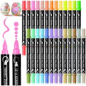 28 Metallic Colors Acrylic Paint Markers, Dual Tip Acrylic Paint Pens for Rock Painting, Black Paper, Wood, Canvas, Stone, Glass, Ceramic, DIY Crafts Making Art Supplies (Brush Tip and Round Tip) in Kuwait