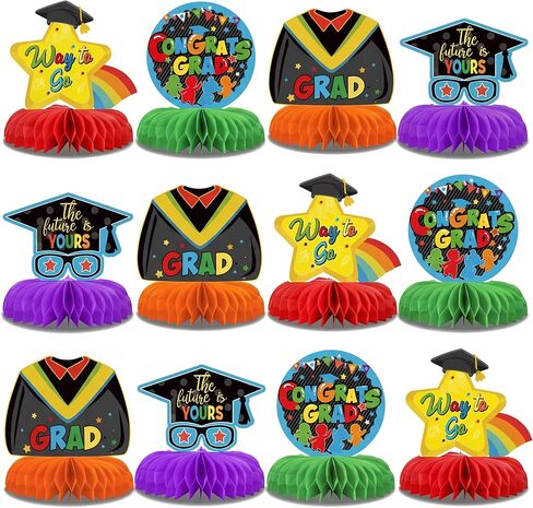 Outus 12 Pcs Preschool Graduation Party Decorations 2025 Kindergarten Graduate Party Honeycomb Centerpieces Congrats Grad Table Toppers for Class of 2025 Elementary Celebration Graduation Party in Saudi Arabia