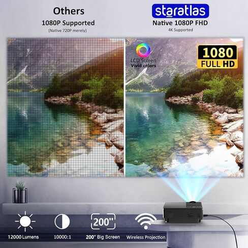 Mini Projector ، 5G WiFi Bluetooth Projector ، Staratlas 12000L Native 1920*1080 P Projector ، جهاز عرض في الهواء الطلق ، مسرح منزلي متوافق مع HDMI/USB ، لفيديو فيلم محمول (أسود) in Kuwait