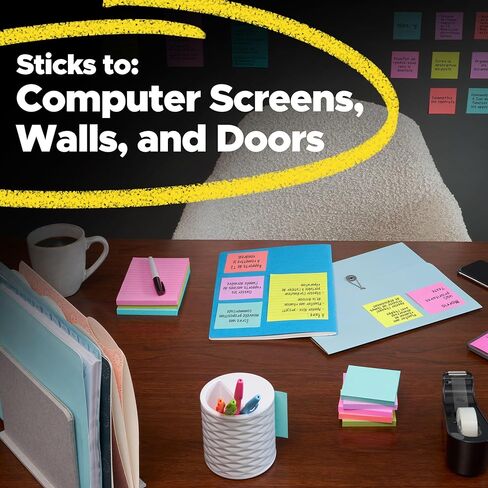 Post-it Super Sticky Notes, 12 Sticky Note Pads, 3 x 3 in., School Supplies, Office Products, Sticky Notes for Vertical Surfaces, Monitors, Walls and Windows, Summer Joy Collection in Kuwait