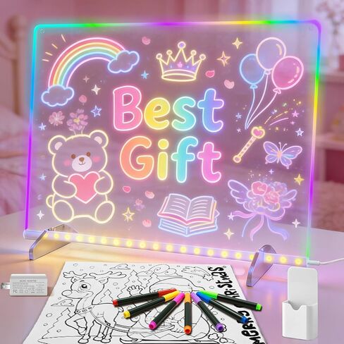 لوحة ملاحظات LED مع 7 ألوان ، تشمل محول ، 13 "× 10" لوحة الرسم LED للأطفال الذين لديهم حامل غير مرئي ، لوحة محو جافة مع 7 علامات ، قطعة قماش ناعمة ، سلسلة معلقة ، هدية اتجاه العطلات in Kuwait