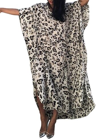 Bsubseach Leopard Print Beach Kaftan Dress for Women Short Sleeve Bathing Suit Cover Ups for Swimwear in Kuwait