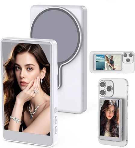 Selfie Monitor Screen for iPhone, Rear Back Camera for Selfie Vlog Live Stream, Wireless Connection with Remote Control Magnetic Mount for iPhone Samsung Galaxy, and More (White, 4 Inch) in Kuwait