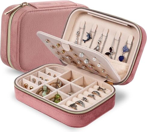Velvet Jewelry Box, Mini Travel Jewelry Case, Portable Travel Jewelry Organizer with Mirror for Birthday Mother's Day Valentine's Day(Beige) in Kuwait