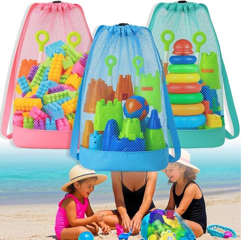 Palksky Beach Toys Bag, 3Pack Mesh Drawstring Sand Toy Bags, Backpack Shell Bags for Beach, Sandbox Toy Bag with Toddler Must Haves, Beach Vacation Essentials for Kids, Toy Not Included in Kuwait
