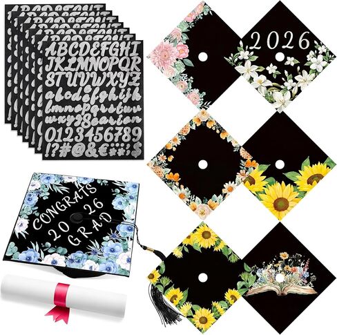 21 PCS DIY CARUTION CAP Topper Sticker Design Flower Design Cap Inspiral Cap Sucal مع ملصقات أحرف أبجدية 7 ورقة لاستلواحات إكسسوارات CAP التخرج in Kuwait
