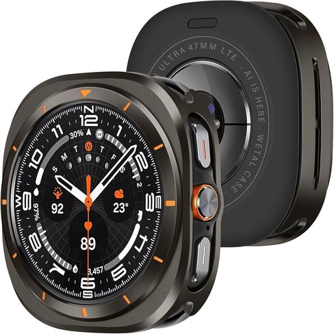 Amizee Rugged Case Compatible with Samsung Galaxy Watch Ultra 47mm with Back Cover, Metal Bumper Ultra Thin Shockproof Protective Cover for Galaxy Watch 7 Ultra 47mm (2024), Black/Orange in Kuwait