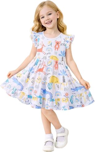 HILEELANG Little Girls Short Sleeve Dresses Easter Summer Cotton Casual Skater Swing Twirly Sundress in Kuwait