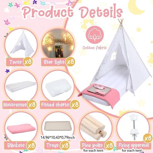 Windyun 8 Pcs Kids Teepee Tent Bulk with Light String Inflatable Airbed Bedding Fitted Sheet, Washable Tent Natural Cotton Toddler Play Tent for Boys Girls Indoor Outdoor Slumber Party (White) in Kuwait