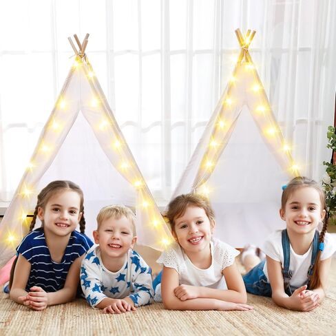 Windyun 8 Pcs Kids Teepee Tent Bulk with Light String Inflatable Airbed Bedding Fitted Sheet, Washable Tent Natural Cotton Toddler Play Tent for Boys Girls Indoor Outdoor Slumber Party (White) in Kuwait