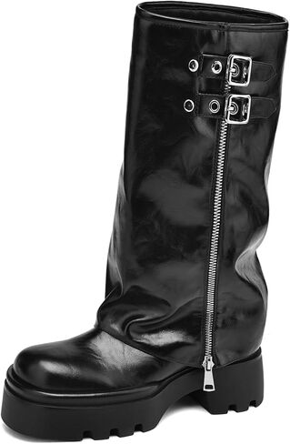 Women's Knee High Boots Platform Square Toe Tall Boots Chunky Low Heel Fold Over Boots Buckles Biker Riding Boots for Women Long Boots in Kuwait