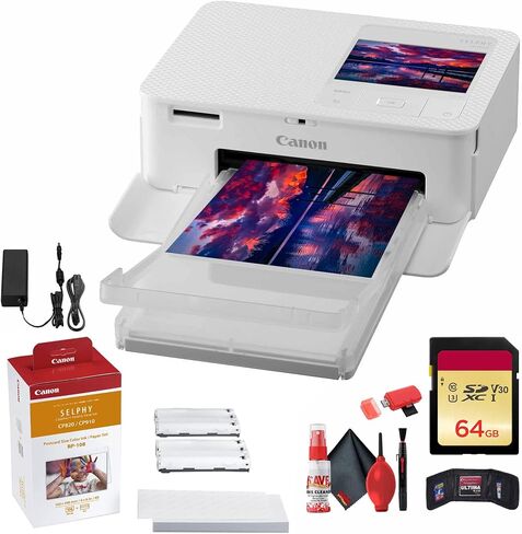 طابعة الصور المدمجة SELPHY CP1500 من Canon (أبيض) (5540C002) مجموعة ورق وأحبار ملونة KP-108IN + بطاقة ذاكرة Ultra سعة 64 جيجابايت + طقم تنظيف + محفظة بطاقة ذاكرة + قارئ بطاقات in Kuwait