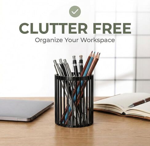 Black Pen Holder for Desk, Metal Pen Caddy Pencil Cup, Cute Makeup Brushes Cup, Desktop Makeup Brush Holder, Metal Desk Organizers and Accessories, Office Accessories Aesthetic in Kuwait