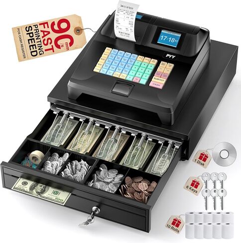 PYY Cash Register for Small Businesses - Electronic Commercial Caja Registradora para Negocio with Lock Cash Drawer Box, 48 Keys, 8 Digital Dual Display for Supermarket Restaurant in Saudi Arabia